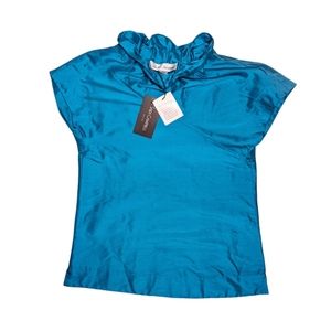 NWT Sara Campbell Top Paper Bag Neck Dupioni Cerulean (teal) Color Slub Fabric